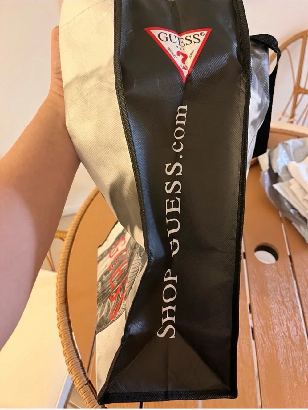 GUESS Black & White Graphic Tote with Red Logo